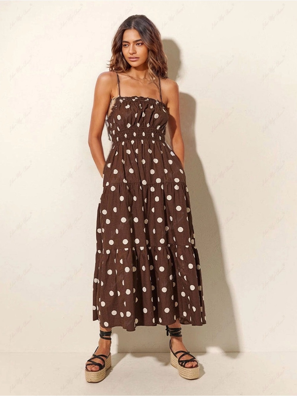 Brown Maxi Dress with White Polka Dots